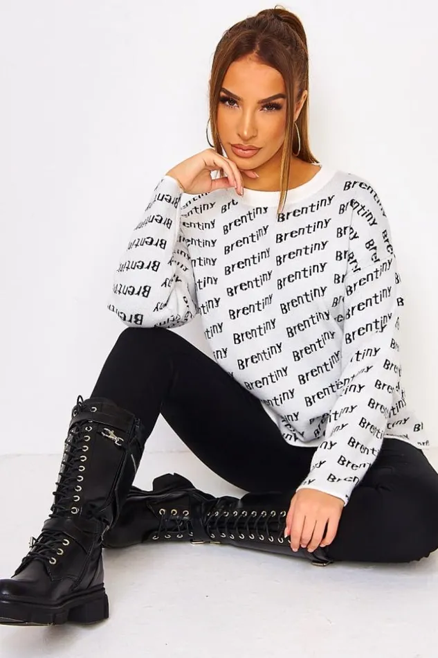 Women Brentiny All Over Logo Print Sweater In White White Brentiny Paris Sweaters and Sweatshirts