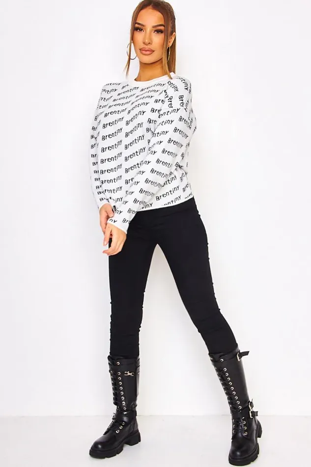 Women Brentiny All Over Logo Print Sweater In White White Brentiny Paris Sweaters and Sweatshirts