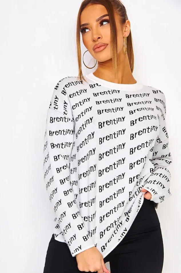 Women Brentiny All Over Logo Print Sweater In White White Brentiny Paris Sweaters and Sweatshirts