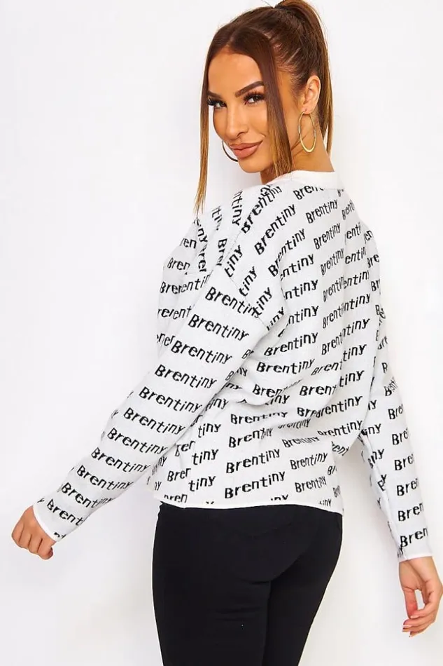 Women Brentiny All Over Logo Print Sweater In White White Brentiny Paris Sweaters and Sweatshirts