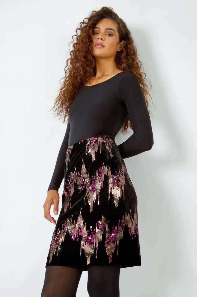 Women Bronze Embellished Sequin Velvet Stretch Skirt Roman Skirts