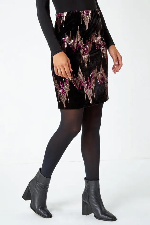 Women Bronze Embellished Sequin Velvet Stretch Skirt Roman Skirts