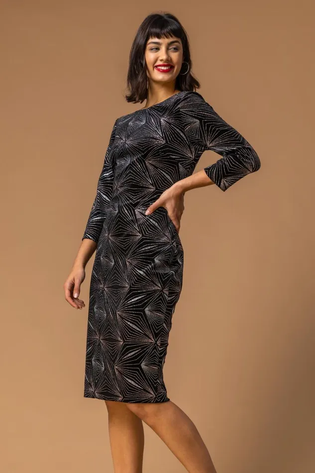 Women Bronze Glitter 34 Sleeve Velvet Dress Roman Dresses