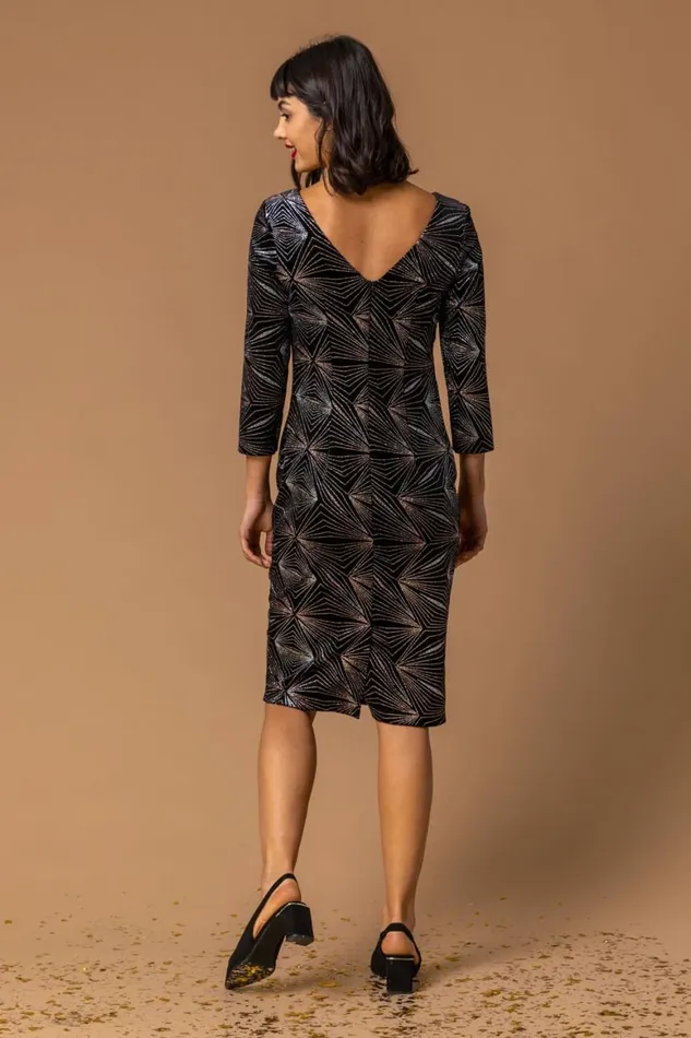 Women Bronze Glitter 34 Sleeve Velvet Dress Roman Dresses