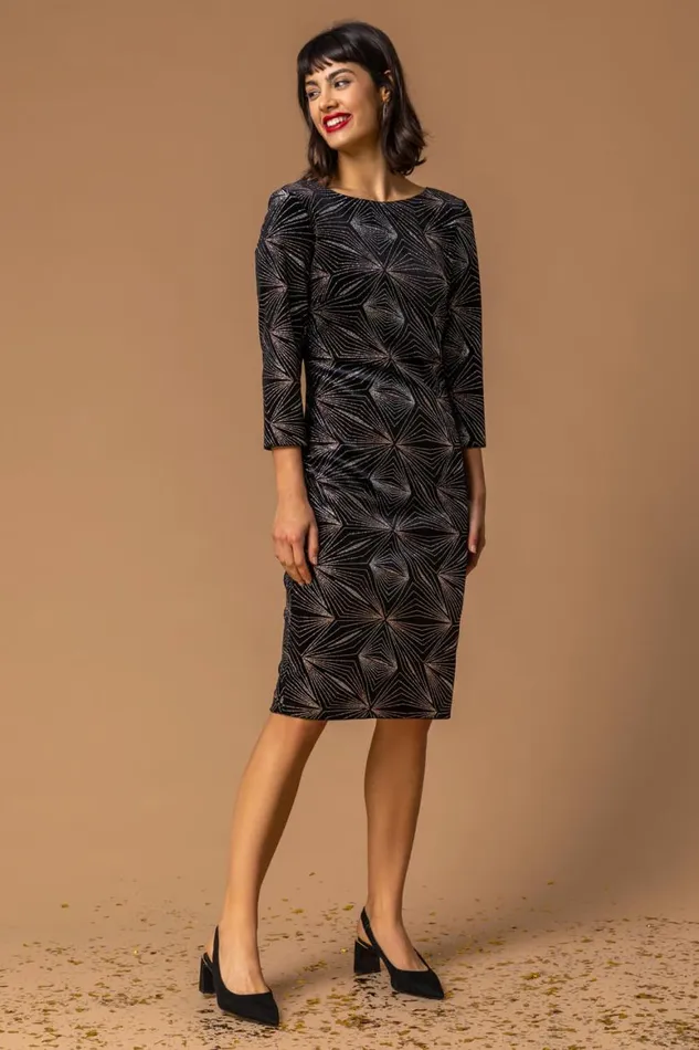 Women Bronze Glitter 34 Sleeve Velvet Dress Roman Dresses