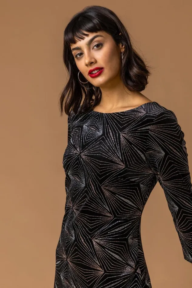 Women Bronze Glitter 34 Sleeve Velvet Dress Roman Dresses