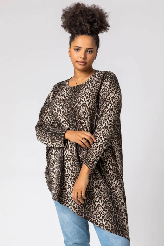 Women Brown Curve Animal Print Asymmetric Tunic Top Roman Tops