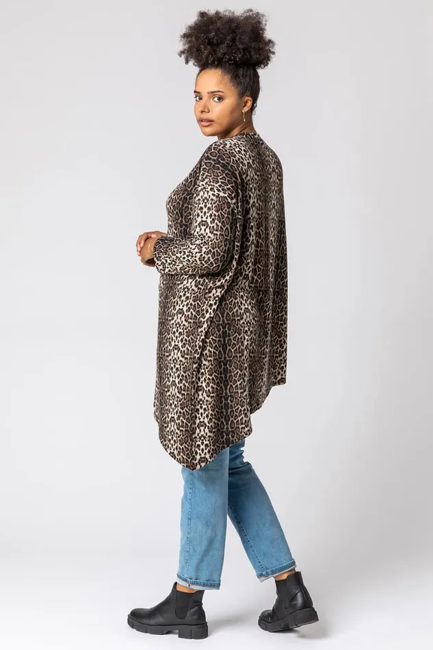 Women Brown Curve Animal Print Asymmetric Tunic Top Roman Tops