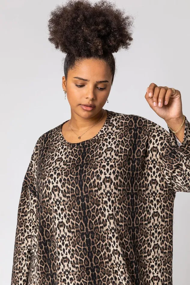 Women Brown Curve Animal Print Asymmetric Tunic Top Roman Tops