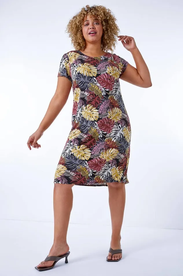 Women Brown Curve Stretch Leaf Print Shift Dress Roman Dresses