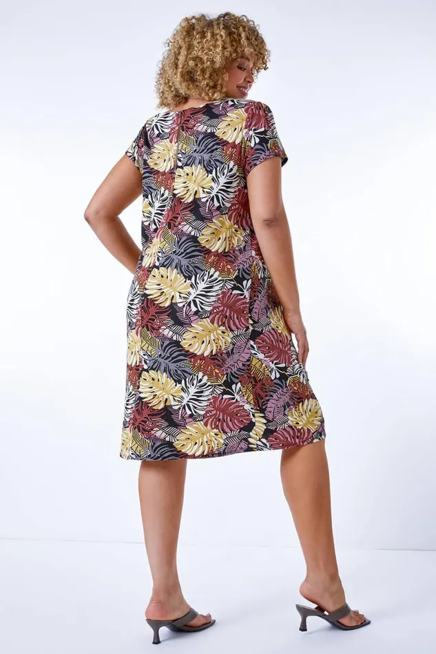 Women Brown Curve Stretch Leaf Print Shift Dress Roman Dresses