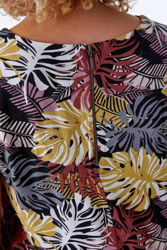Women Brown Curve Stretch Leaf Print Shift Dress Roman Dresses