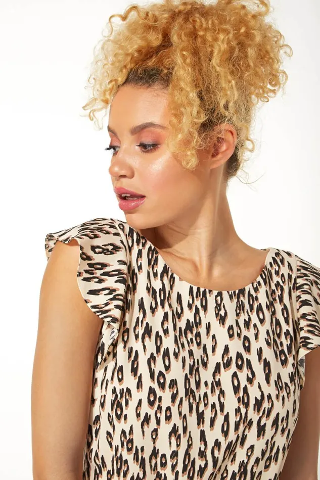 Women Brown Leopard Print Frill Sleeve Shift Dress Roman Dresses