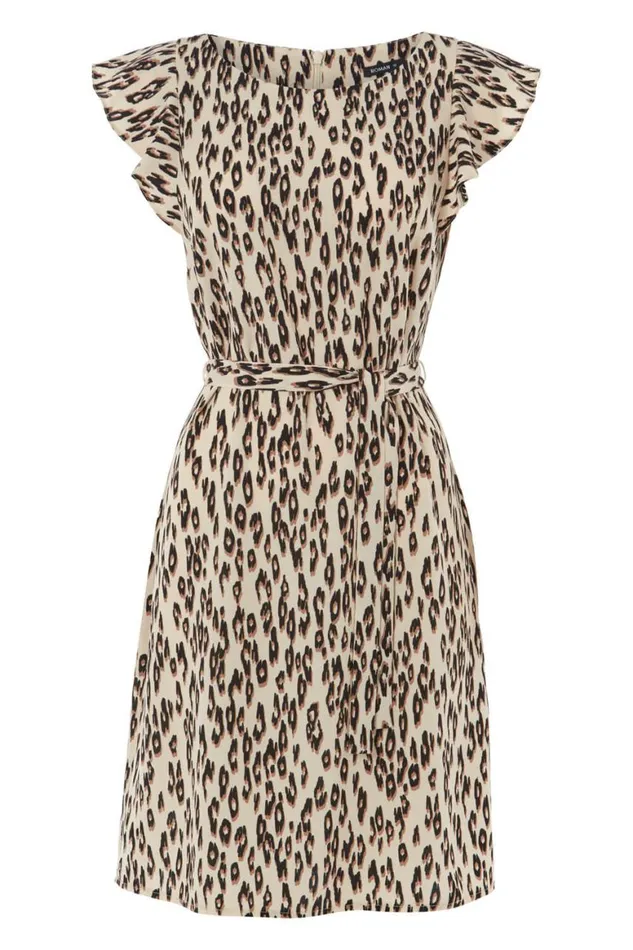 Women Brown Leopard Print Frill Sleeve Shift Dress Roman Dresses