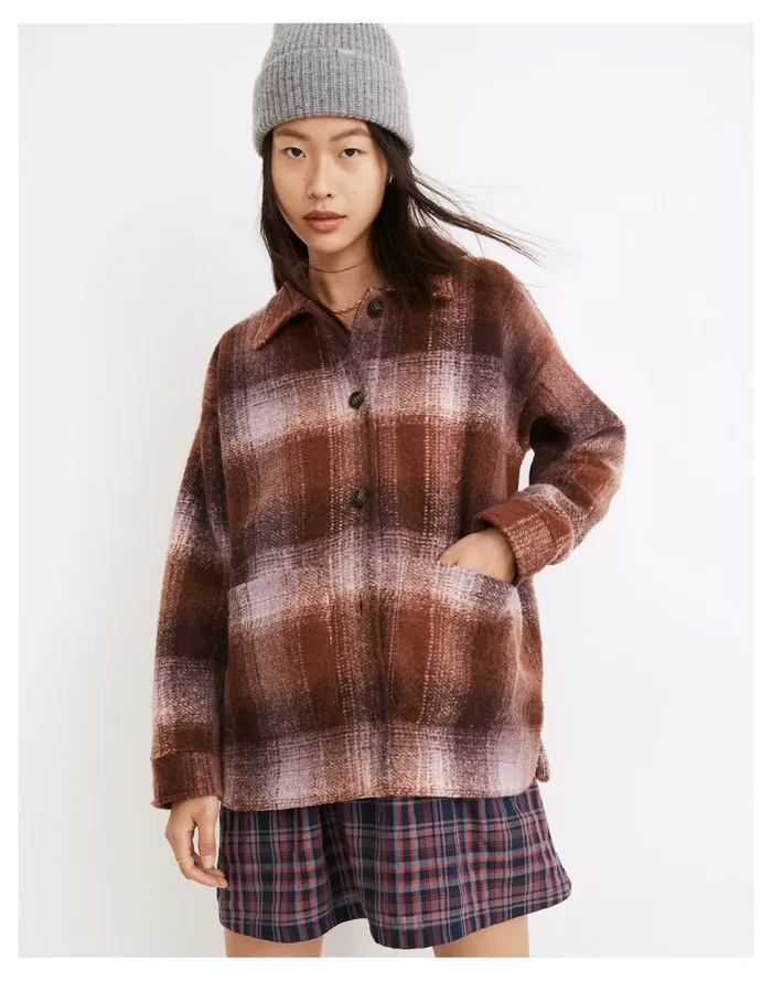 Women Brushed Plaid Knit Shirt Jacket Faded Fig Madewell Sweatshirts and Sweatpants