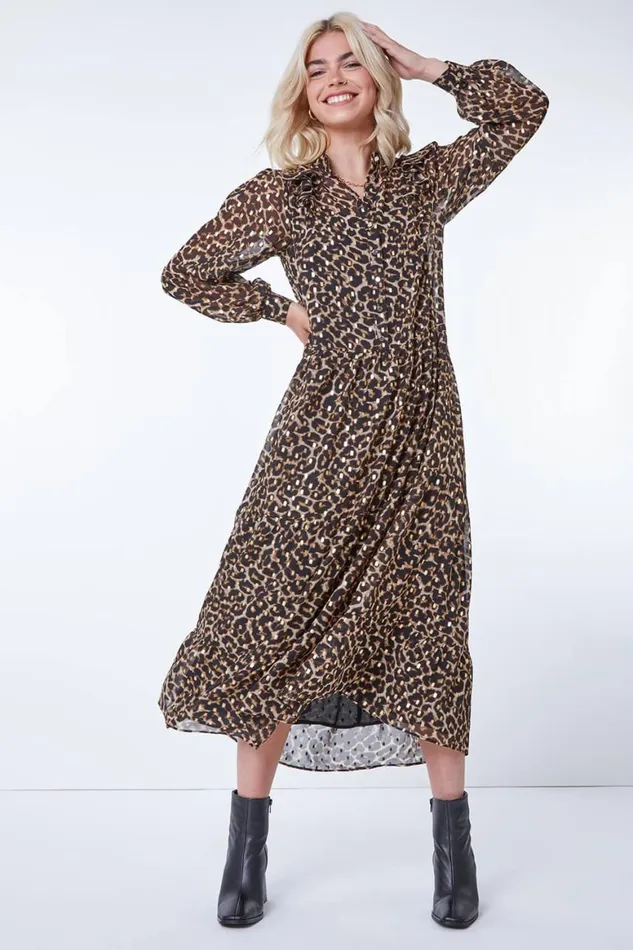 Women Camel Leopard Print Chiffon Tiered Ruffle Dress Roman Dresses