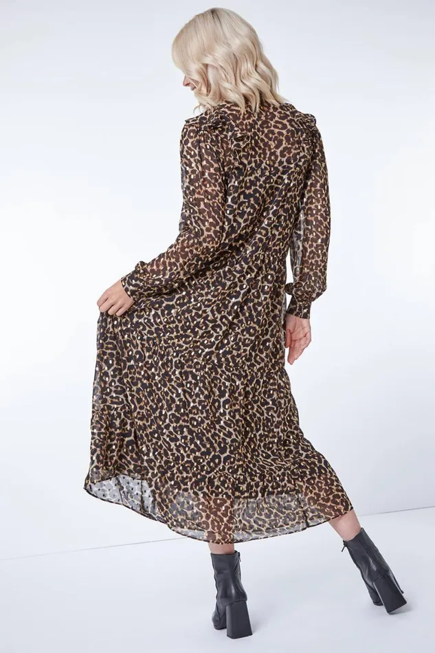 Women Camel Leopard Print Chiffon Tiered Ruffle Dress Roman Dresses