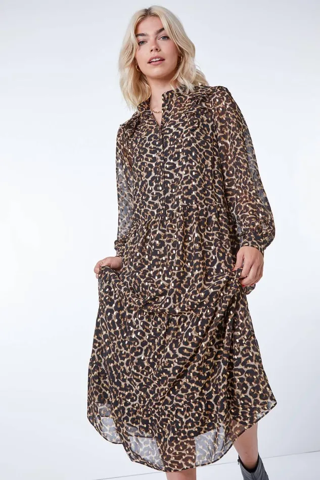 Women Camel Leopard Print Chiffon Tiered Ruffle Dress Roman Dresses