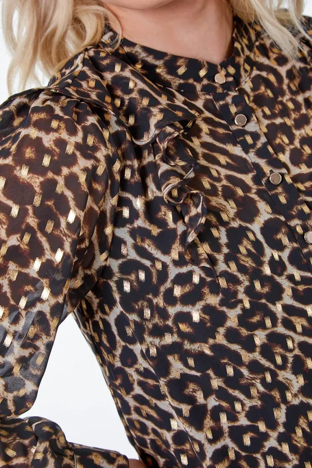 Women Camel Leopard Print Chiffon Tiered Ruffle Dress Roman Dresses
