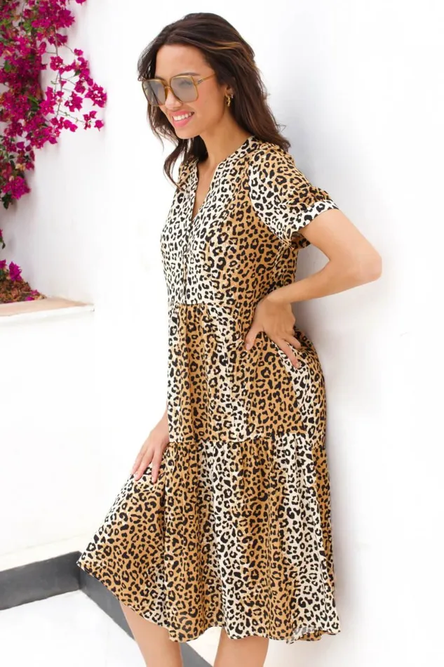 Women Camel Leopard Print Tiered Midi Dress Roman Dresses