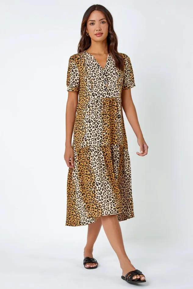 Women Camel Leopard Print Tiered Midi Dress Roman Dresses