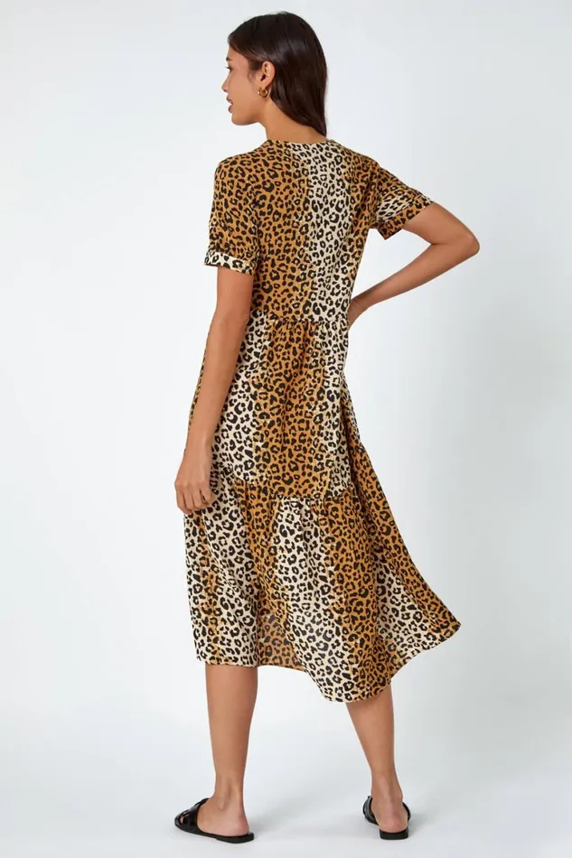 Women Camel Leopard Print Tiered Midi Dress Roman Dresses