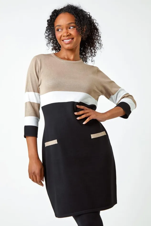 Women Camel Petite Stripe Print Pocket Jumper Dress Roman Dresses