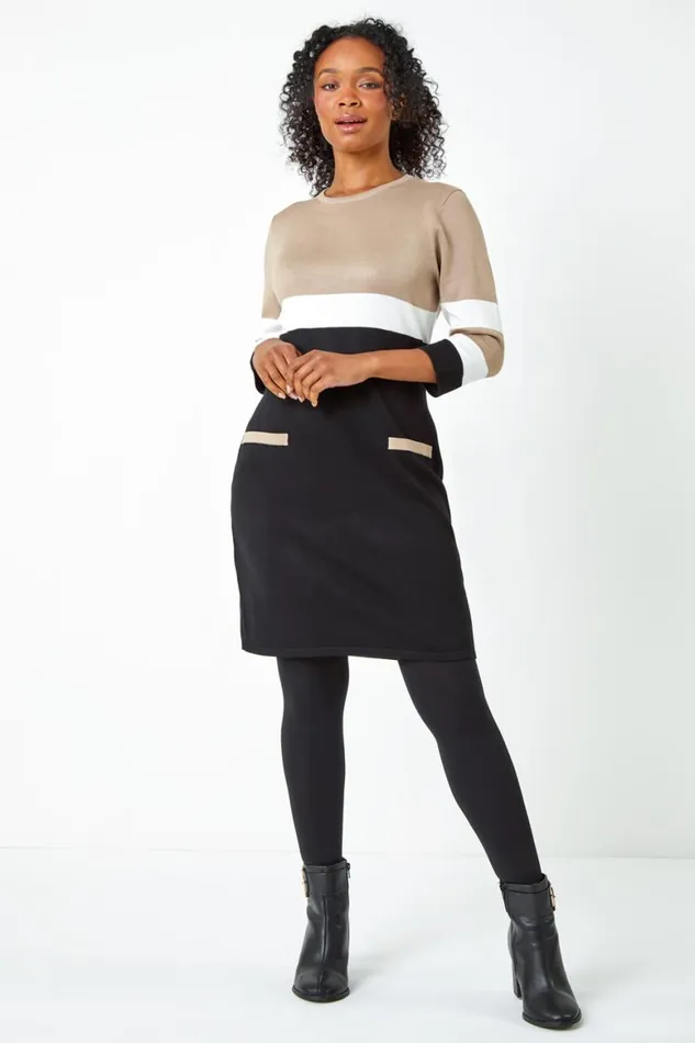 Women Camel Petite Stripe Print Pocket Jumper Dress Roman Dresses