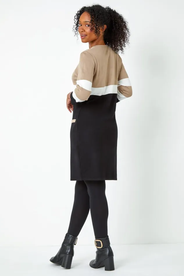 Women Camel Petite Stripe Print Pocket Jumper Dress Roman Dresses