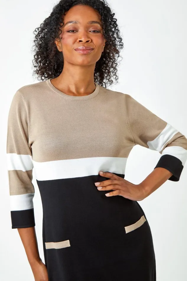 Women Camel Petite Stripe Print Pocket Jumper Dress Roman Dresses