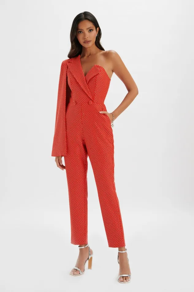 Women Cape Dresses Lavish Alice MISCHA Crystal Embellished One Shoulder Cape Jumpsuit In Red Red Women Cape Dresses Lavish Alice MISCHA Crystal Embellished One Shoulder Cape Jumpsuit In Red Red