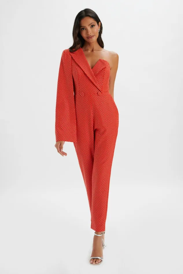Women Cape Dresses Lavish Alice MISCHA Crystal Embellished One Shoulder Cape Jumpsuit In Red Red