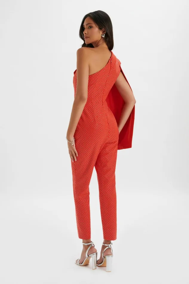 Women Cape Dresses Lavish Alice MISCHA Crystal Embellished One Shoulder Cape Jumpsuit In Red Red