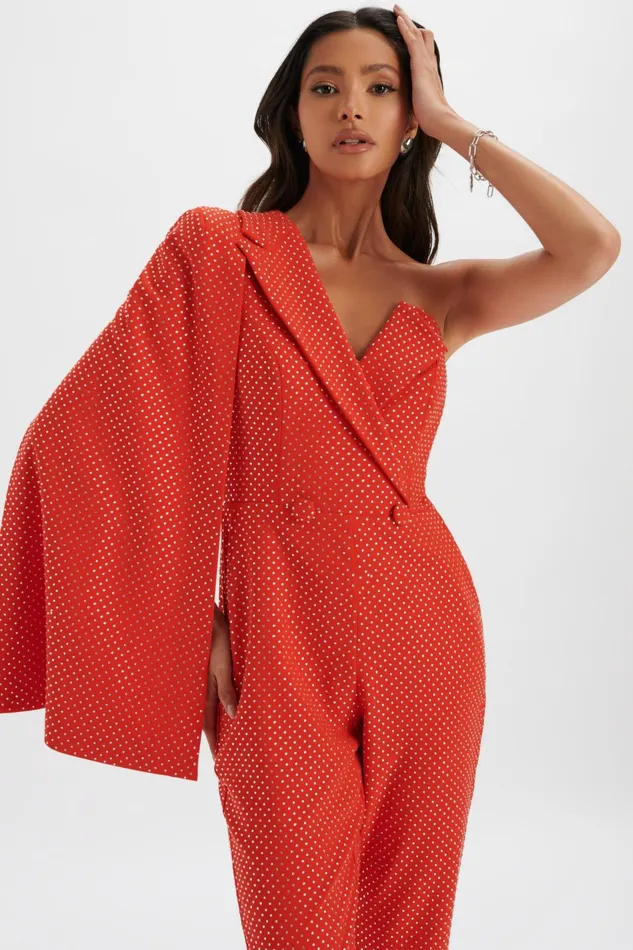 Women Cape Dresses Lavish Alice MISCHA Crystal Embellished One Shoulder Cape Jumpsuit In Red Red