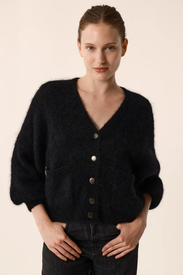 Women Cardigan Alouise Noir Gilet Mohair Noir Des Petits Hauts Jumpers and Cardigans