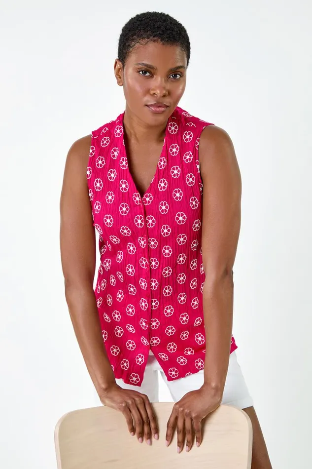 Women Cerise Floral Embroidered Cotton Crinkle Blouse Roman Tops