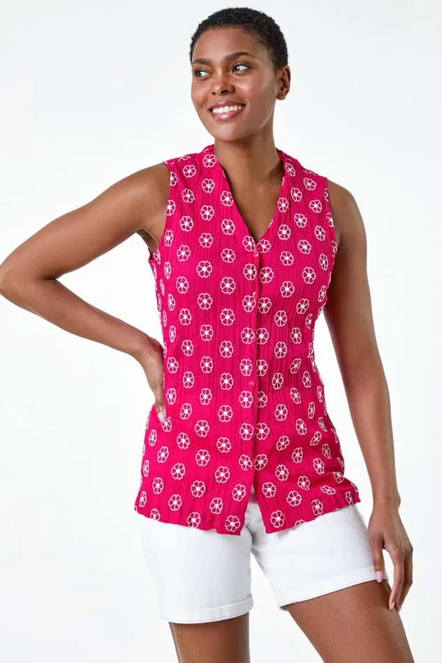 Women Cerise Floral Embroidered Cotton Crinkle Blouse Roman Tops