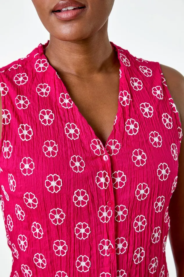 Women Cerise Floral Embroidered Cotton Crinkle Blouse Roman Tops
