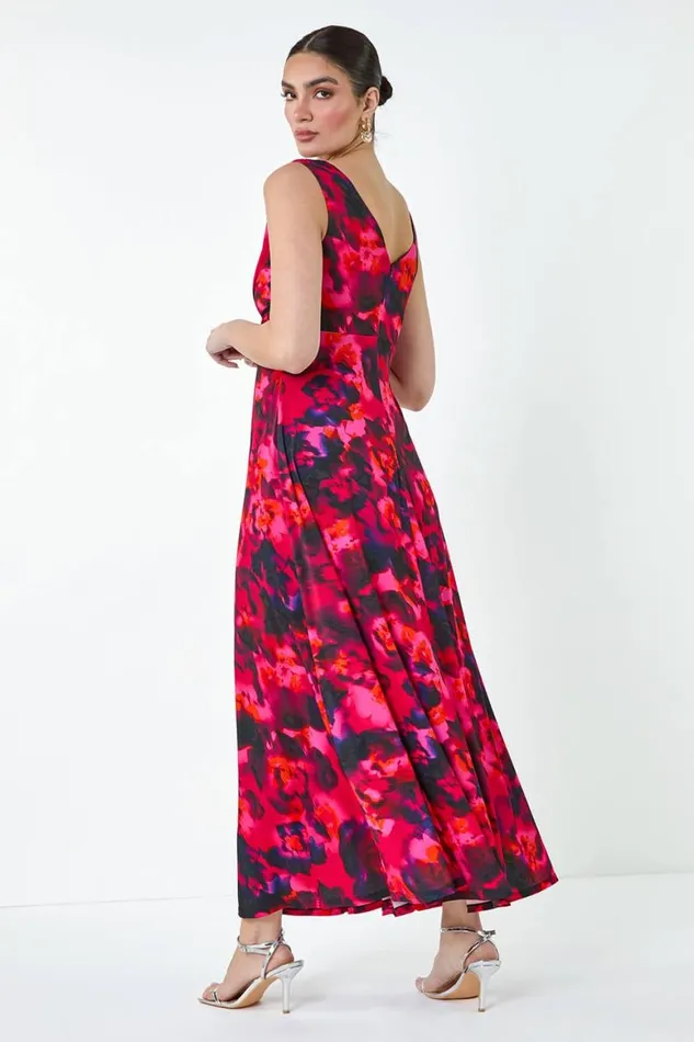 Women Cerise Floral Knot Front Maxi Dress Roman Dresses