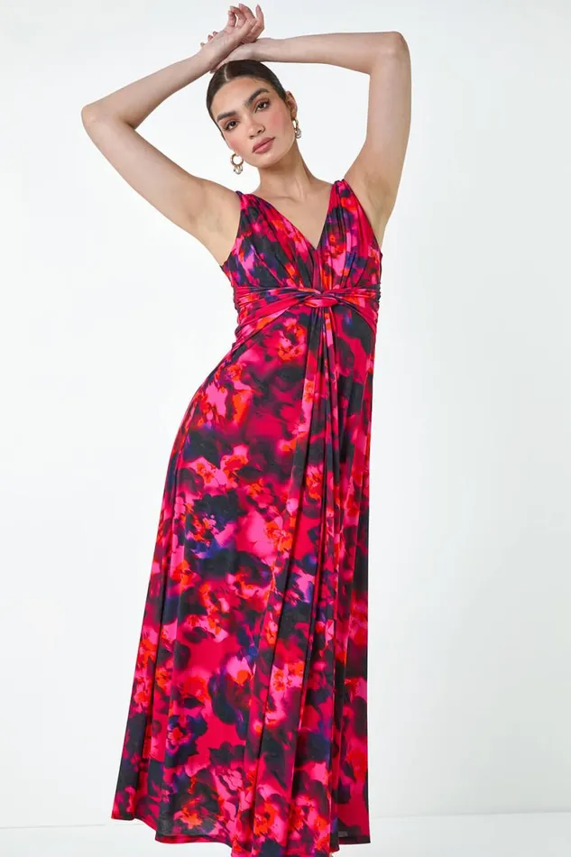 Women Cerise Floral Knot Front Maxi Dress Roman Dresses