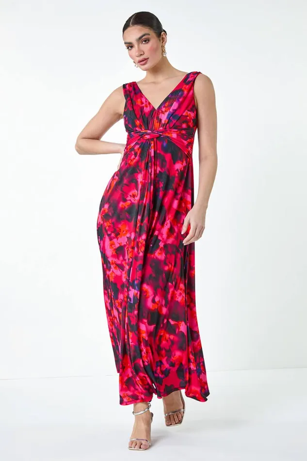 Women Cerise Floral Knot Front Maxi Dress Roman Dresses