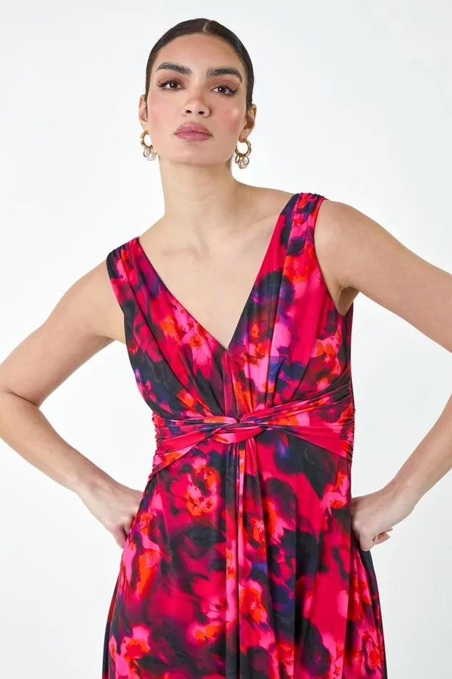Women Cerise Floral Knot Front Maxi Dress Roman Dresses