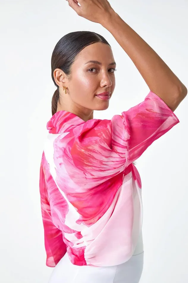 Women Cerise Floral Print Chiffon Bolero Roman Occasionwear