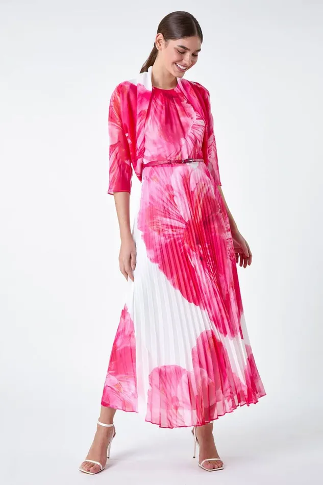 Women Cerise Floral Print Chiffon Bolero Roman Occasionwear