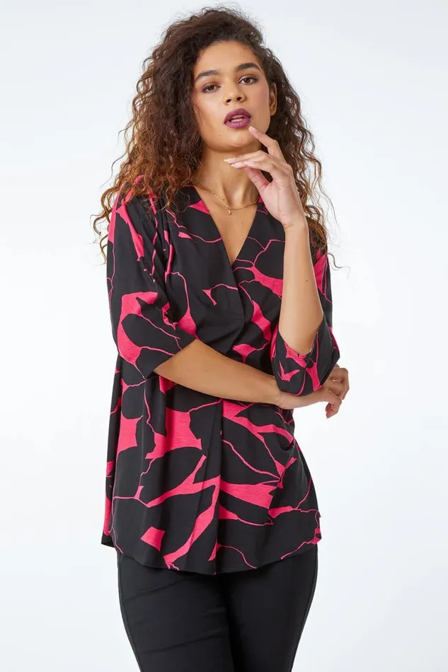 Women Cerise Floral Print Pleat Front Top Roman Tops