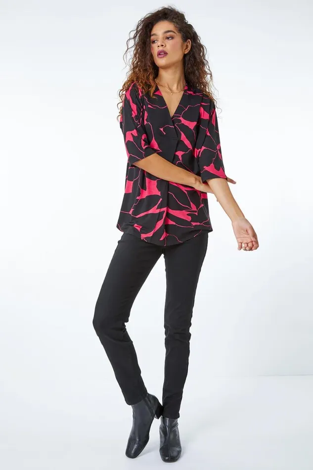 Women Cerise Floral Print Pleat Front Top Roman Tops