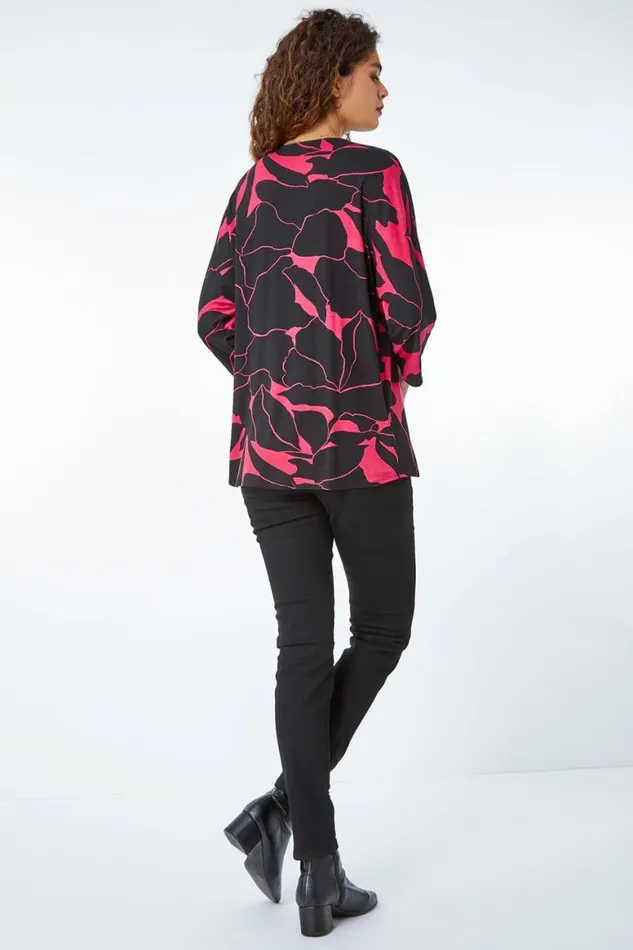 Women Cerise Floral Print Pleat Front Top Roman Tops