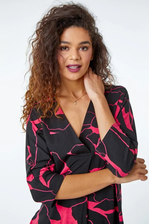 Women Cerise Floral Print Pleat Front Top Roman Tops