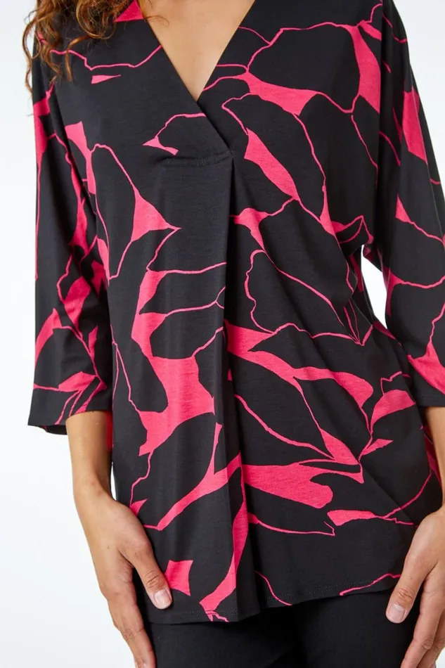 Women Cerise Floral Print Pleat Front Top Roman Tops