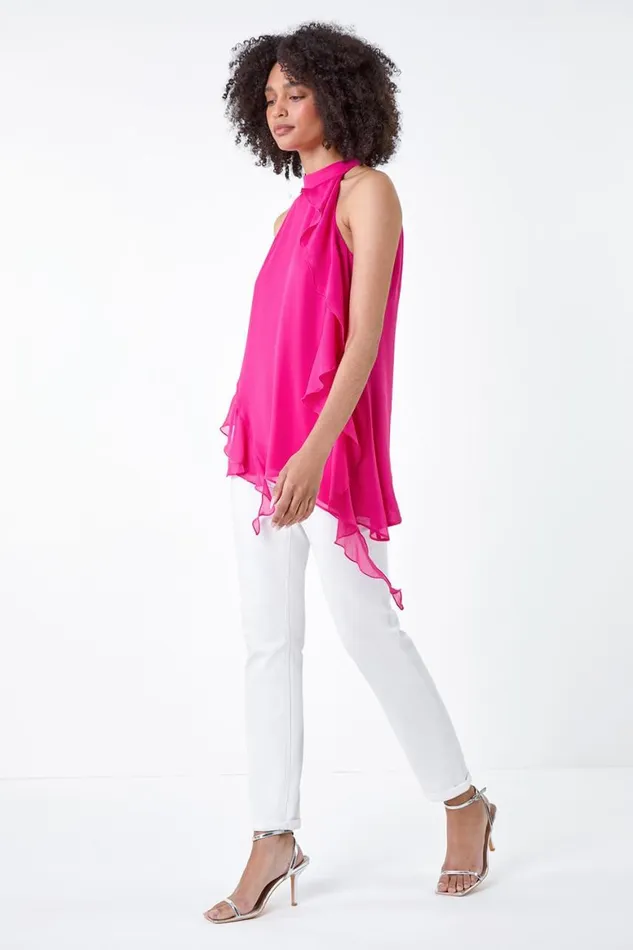 Women Cerise Halterneck Asymmetric Frill Detail Top Roman Tops